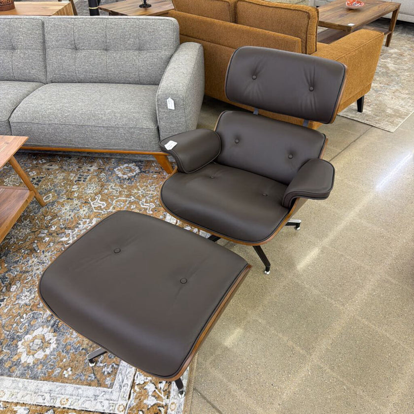 Brown Leather Bentwood Lounge Chair & Ottoman