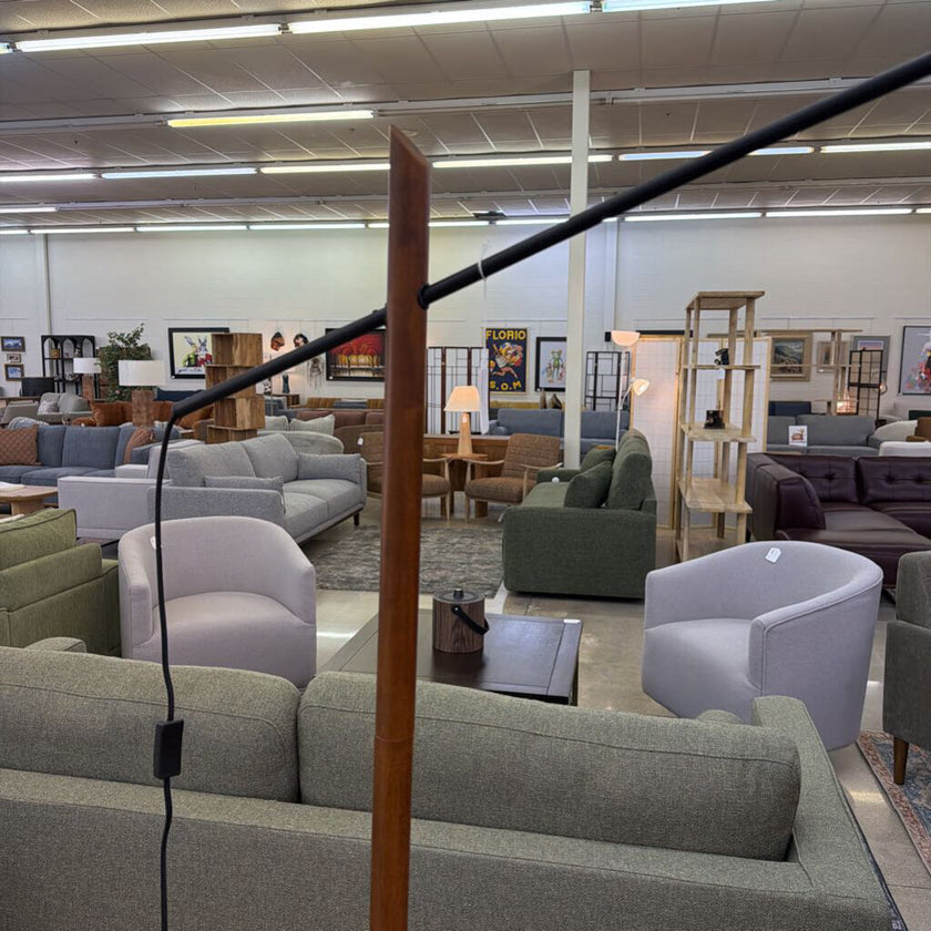 Walnut and Black Metal Arc Lamp