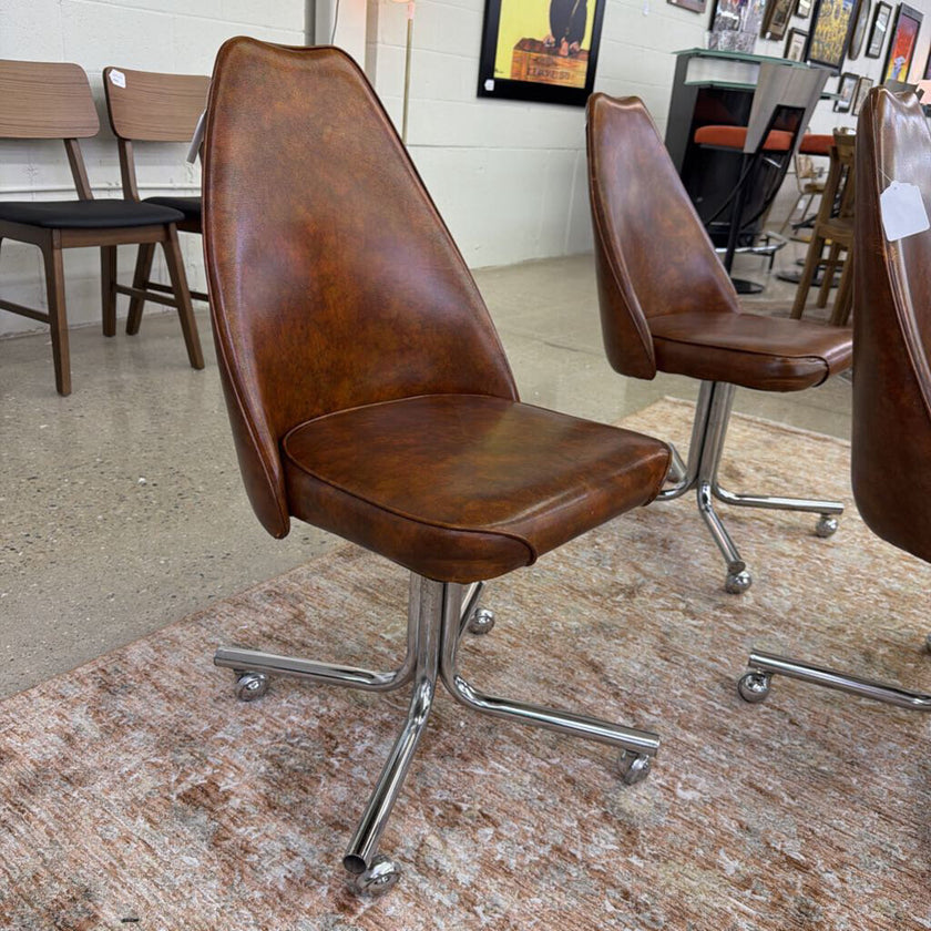 Mid Century Brown Leather & Silver Roll Chairs