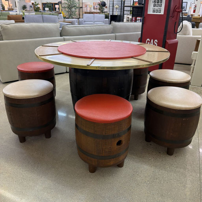 Whiskey Barrel Card Table and 7 Stool Set