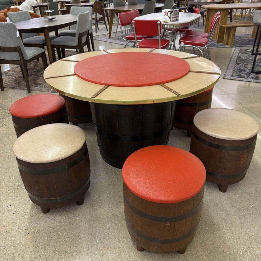 Whiskey Barrel Card Table and 7 Stool Set