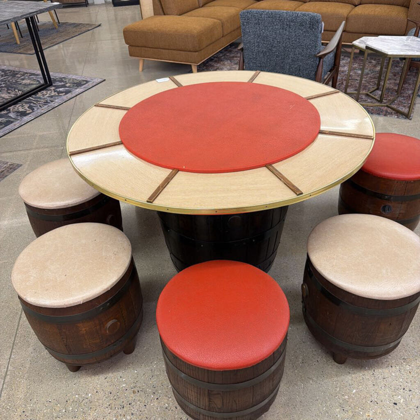Whiskey Barrel Card Table and 7 Stool Set