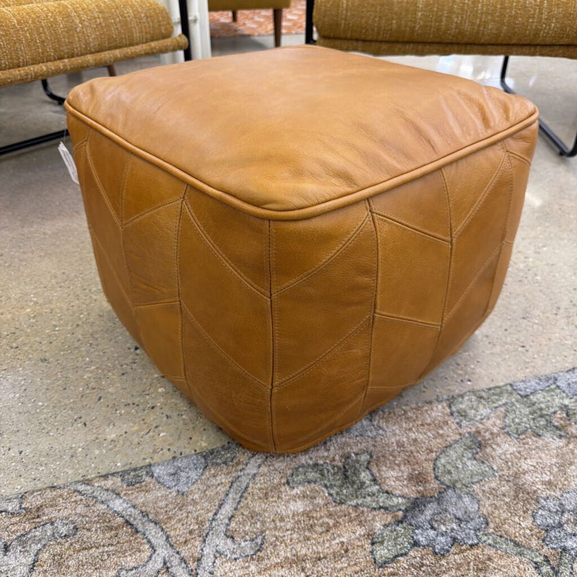 Morden Contemporary Square Pouf in Brown Genuine Leather