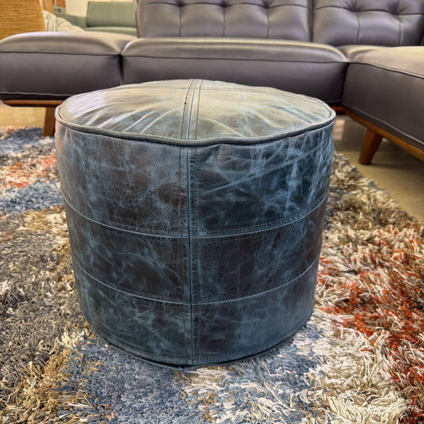 Connor Boho Round Pouf in Distressed Navy Blue Genuine Leather
