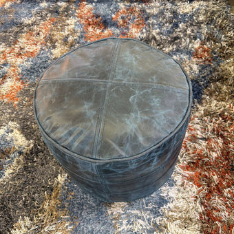 Connor Boho Round Pouf in Distressed Navy Blue Genuine Leather
