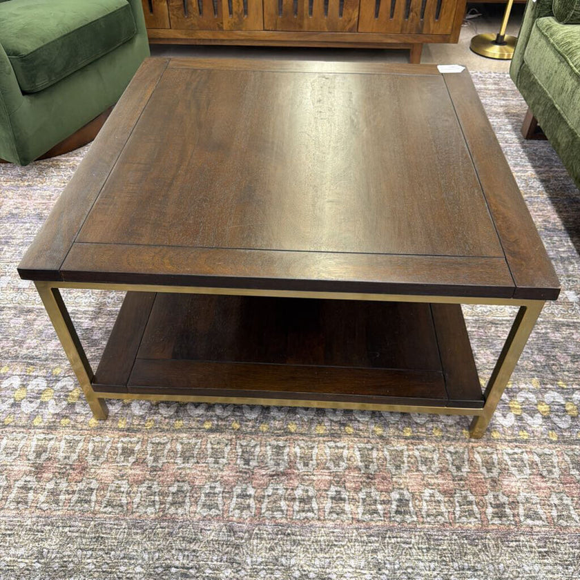 Skyler SOLID MANGO WOOD and Metal 34 inch Wide Square Industrial Coffee Table in Dark Brown / Gold
