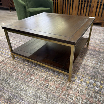 Skyler SOLID MANGO WOOD and Metal 34 inch Wide Square Industrial Coffee Table in Dark Brown / Gold
