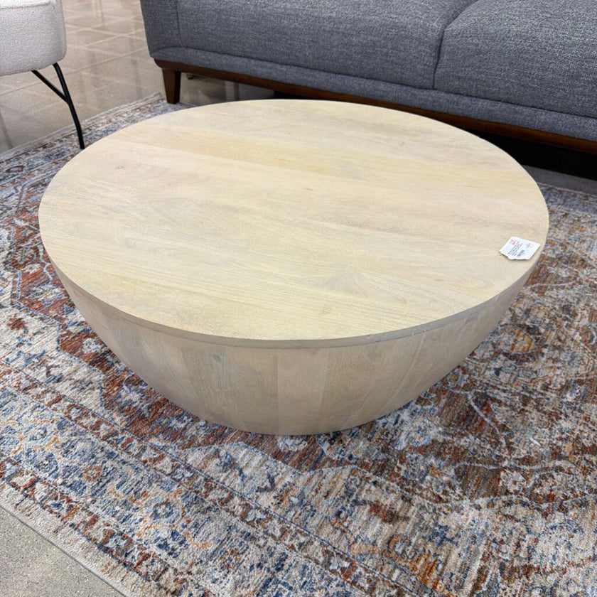 Elmbrook SOLID MANGO WOOD 34 inch Wide Round Modern Industrial Drum Coffee Table in Natural