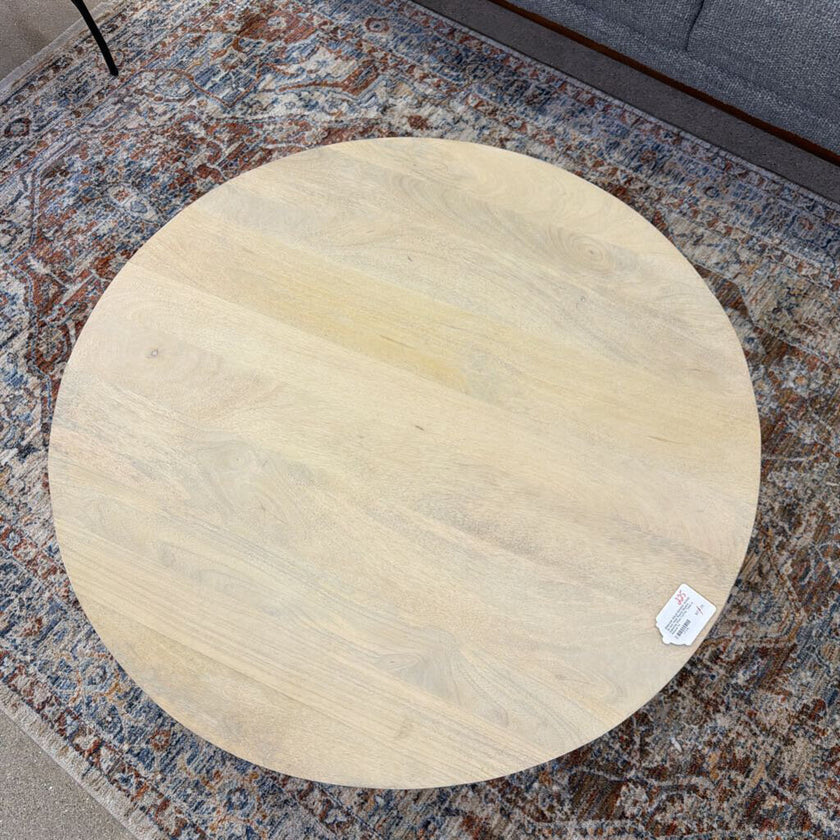 Elmbrook SOLID MANGO WOOD 34 inch Wide Round Modern Industrial Drum Coffee Table in Natural