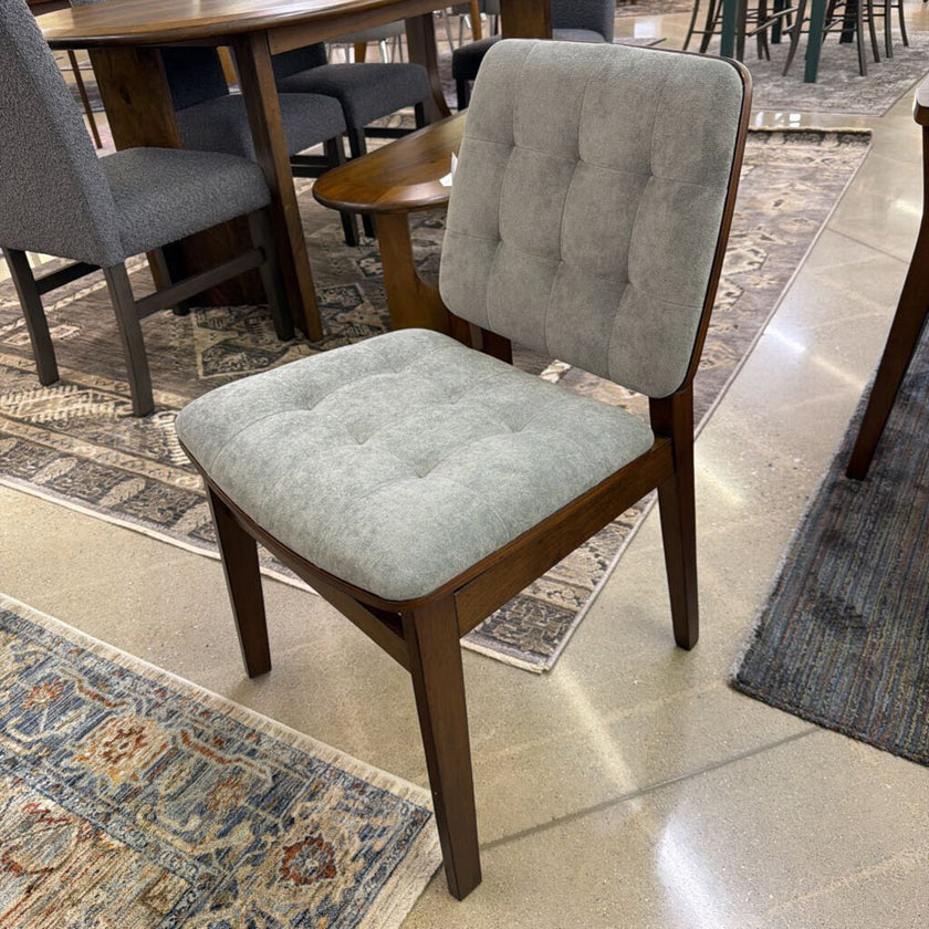 Walnut w/ Tufted Grey Fabric Dining Chair